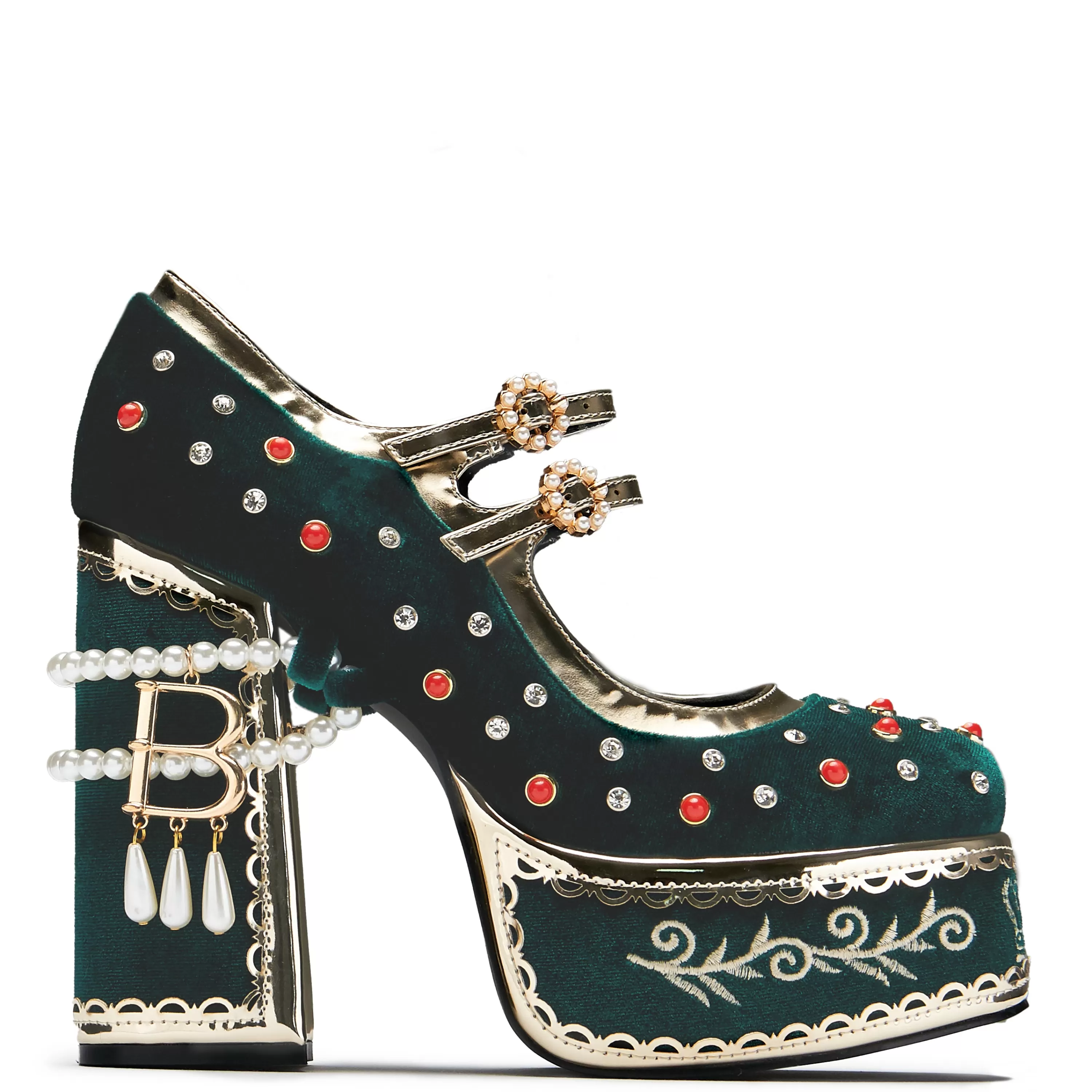 Heeled Mary Janes | Heeled Mary Janes>KOI footwear Boleyn’s Revenge Bejewelled Velvet Heels - Green