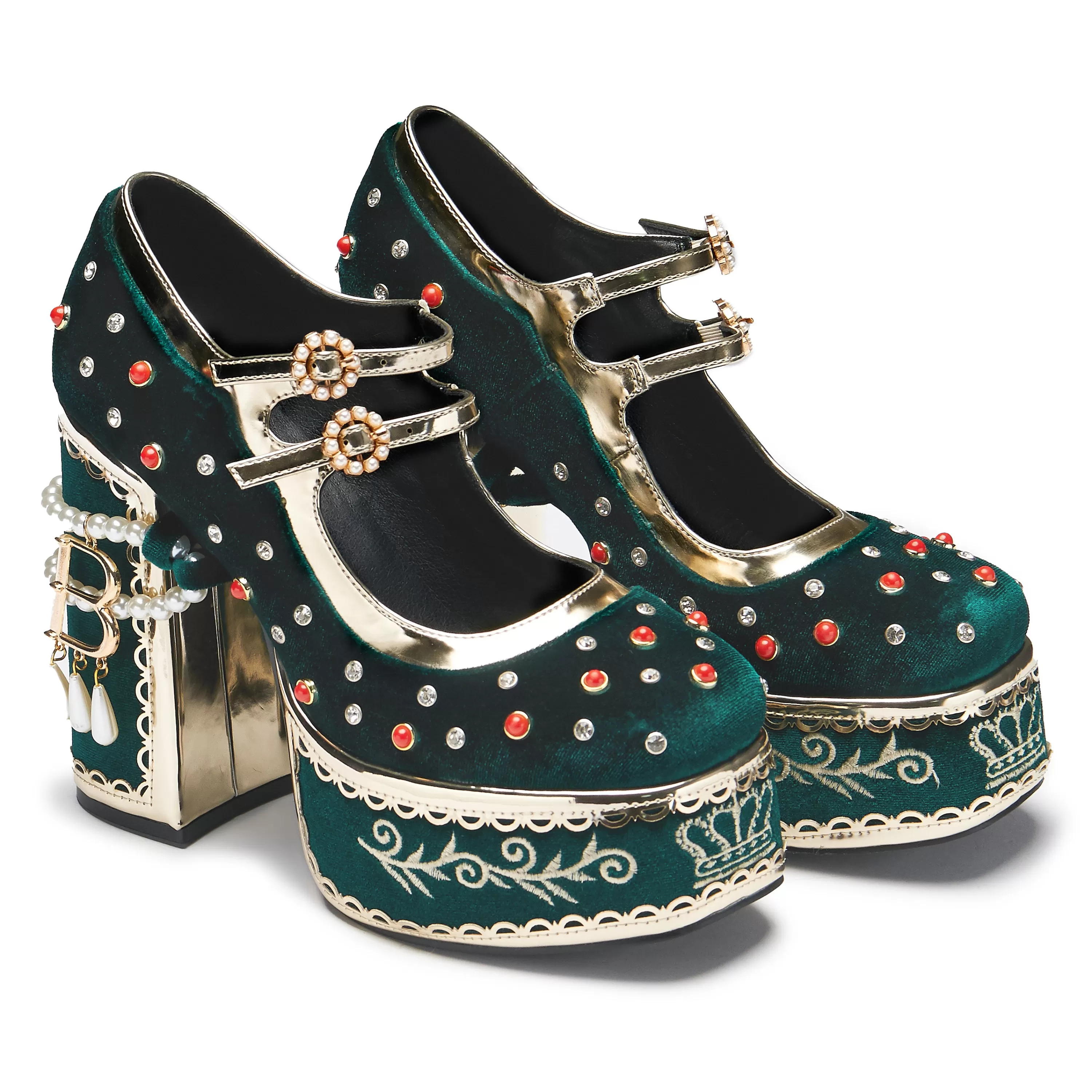 Heeled Mary Janes | Heeled Mary Janes>KOI footwear Boleyn’s Revenge Bejewelled Velvet Heels - Green